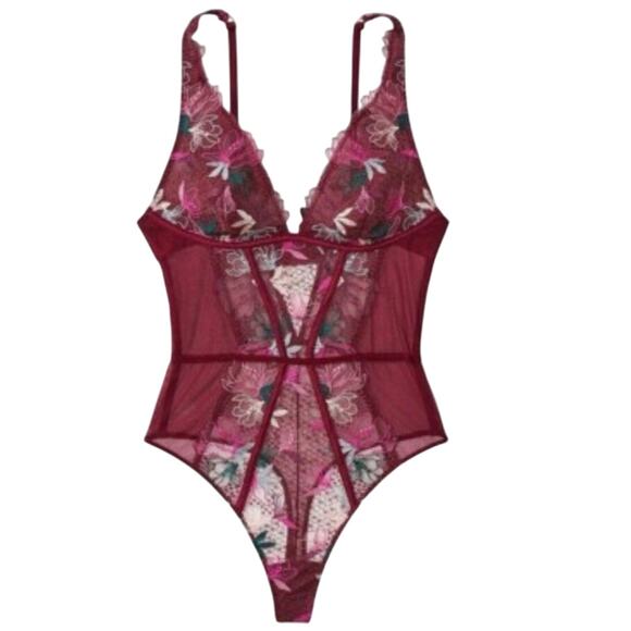 Victoria Secret Lingerie Teddy One Piece Bodysuit Small Berry Floral Lace New XL - Picture 1 of 7